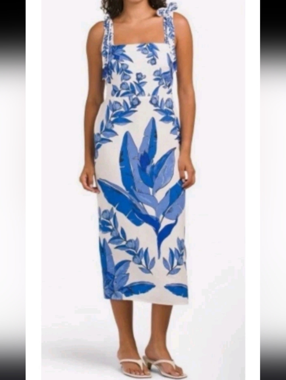 Calypso St. Barth White Midi Dress with Blue Botanical Print